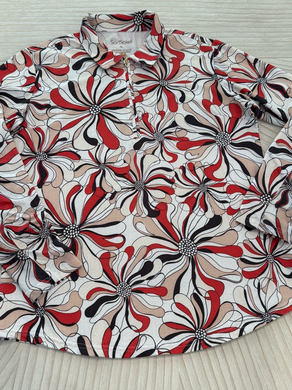 SanSoleil Red Floral-Print Long Sleeve Polo Top UPF50